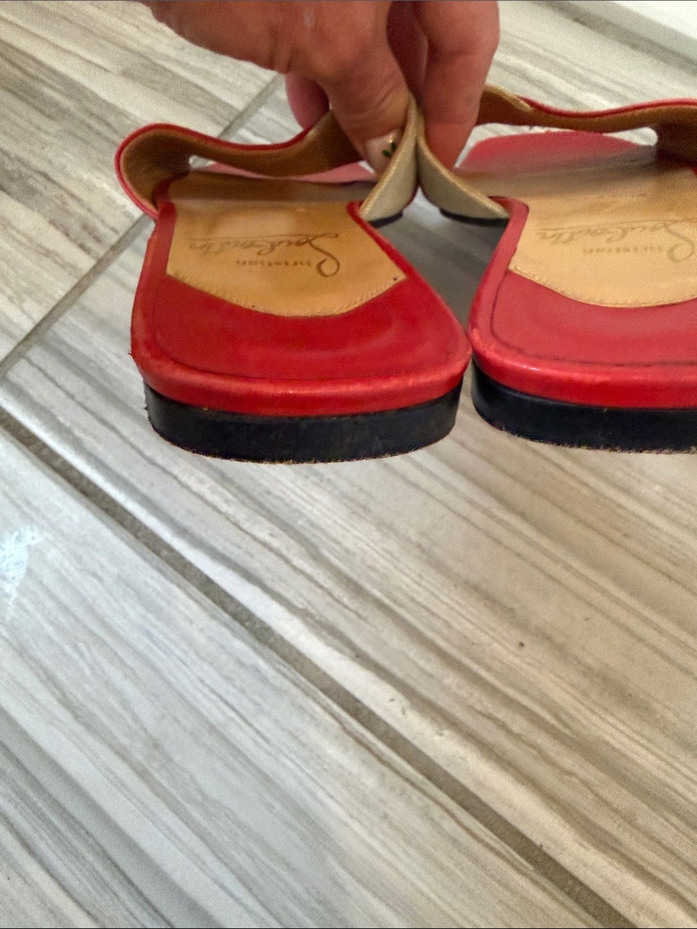 Vintage Christian Louboutin Red and Beige Crossband Slide Sandals - Picture 7 of 8